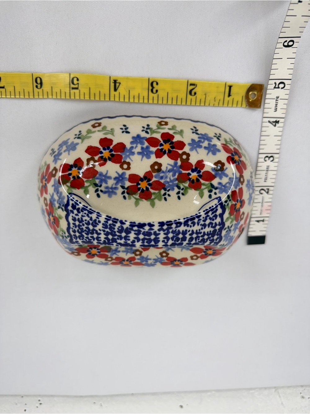 Polish Pottery Red Blue Floral Butter Dish Lid Only 6.5” - Picture 5 of 7
